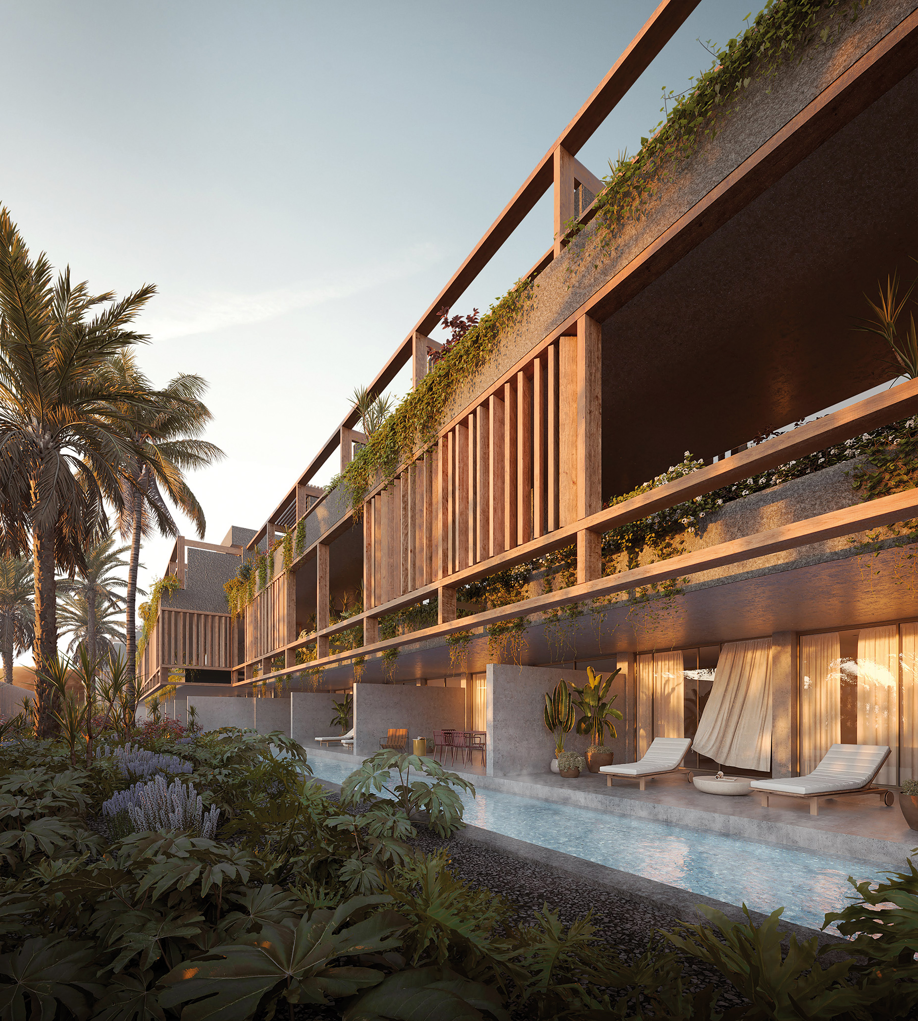 Fachada de Tamaragua Residences al atardecer