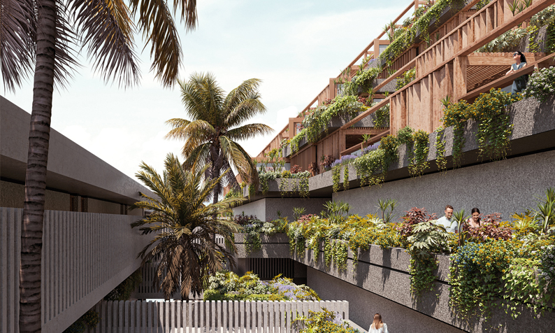 Exterior del complejo con palmeras y terrazas