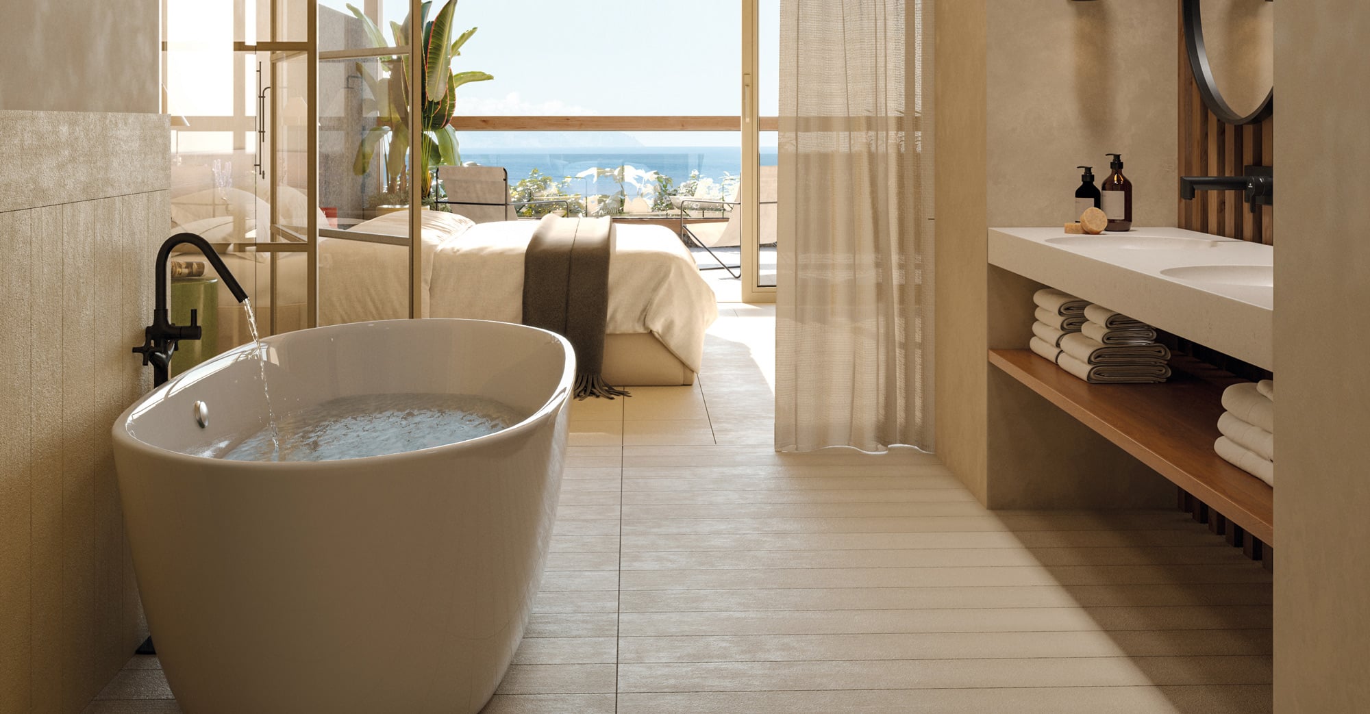 Baño con bañera y dormitorio al fondo