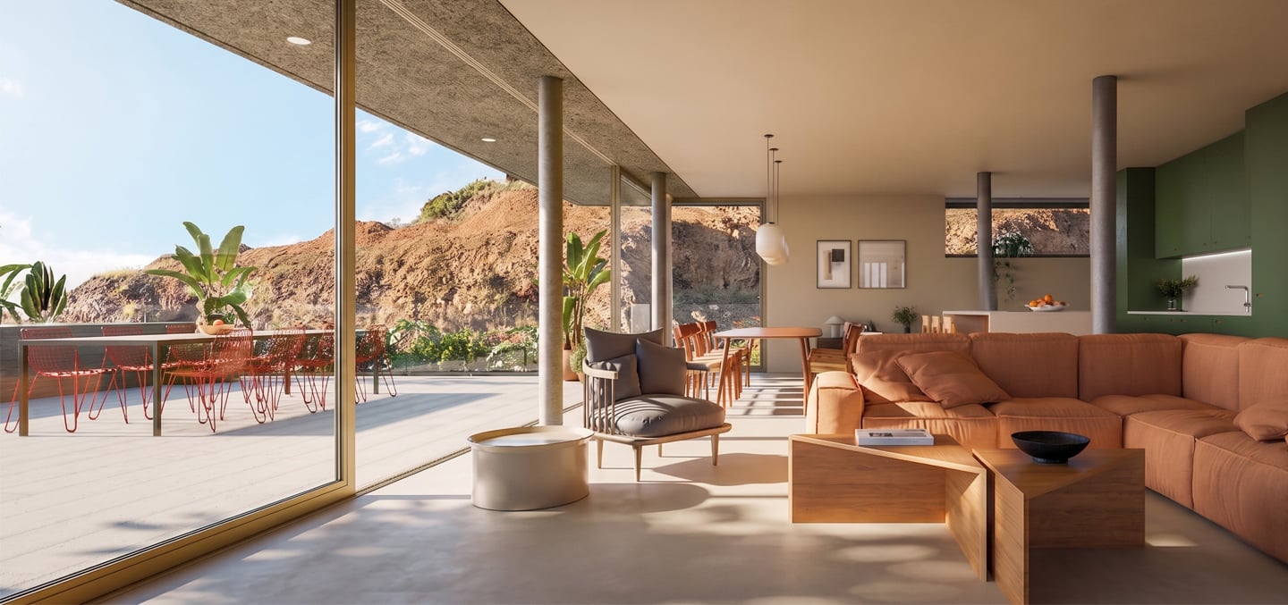 Salón de una vivienda de Tamaragua Residences con vistas a la colina