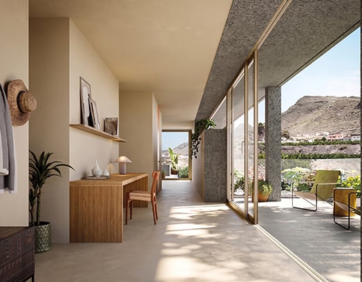 Hall de una vivienda de Tamaragua Residences con vistas a la montaña